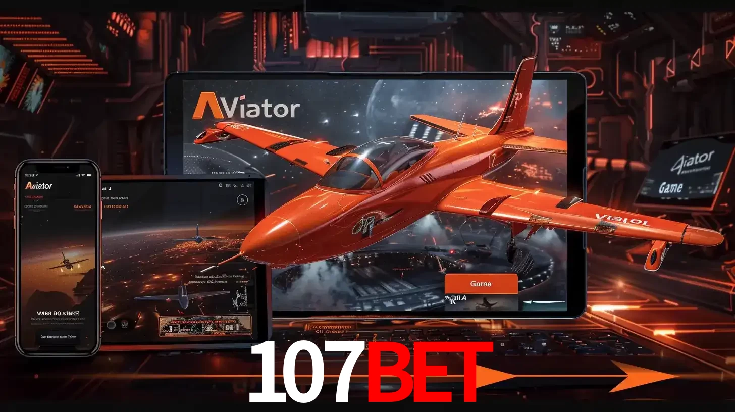 Apresentação tecnológica do jogo Aviator com um avião saindo da tela de um tablet, demonstrando a experiência imersiva em múltiplos dispositivos no 107bet.