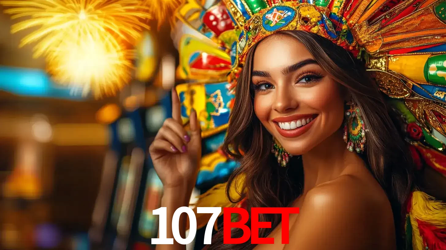 Mulher sorridente com um cocar de carnaval vibrante e colorido, celebrando uma grande vitória nos jogos do cassino 107bet com fogos de artifício ao fundo.