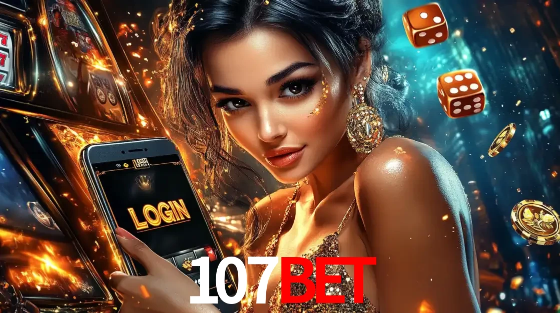 Mulher glamourosa segurando um celular com a tela de login do cassino 107bet, rodeada por dados e moedas douradas, pronta para começar a diversão.