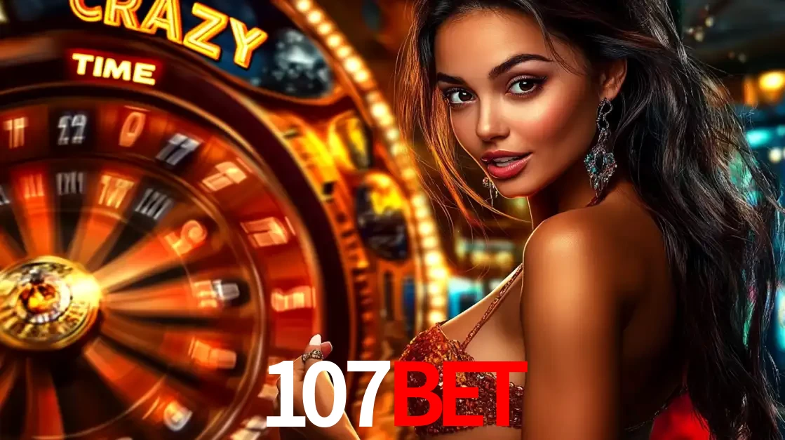Mulher ao lado da roda de prêmios do jogo de cassino ao vivo Crazy Time, um dos shows de jogos mais emocionantes oferecidos pela plataforma de apostas 107bet.