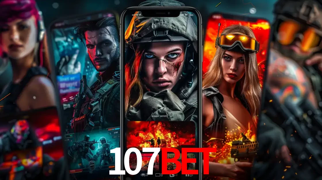 Montagem de telas de celular mostrando diversos personagens, masculinos e femininos, de um jogo de tiro, ilustrando a diversidade de equipes de e-sports para apostar no 107bet.