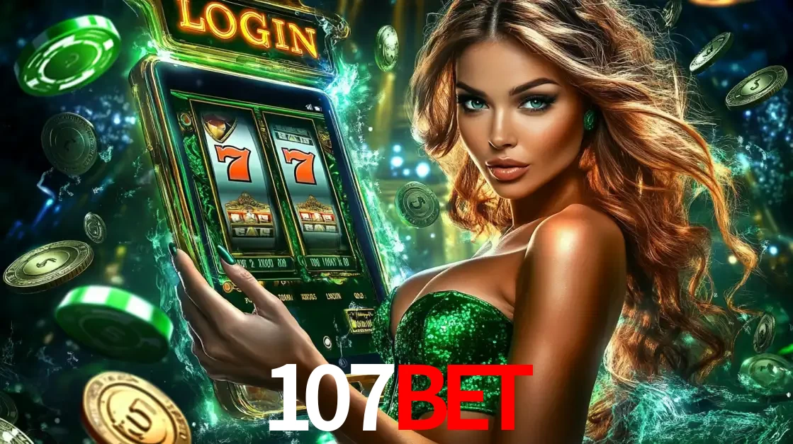 Mulher com tema verde apresentando o aplicativo do cassino 107bet com um jogo de slot de 777, cercada por fichas de cassino e uma aura de sorte.