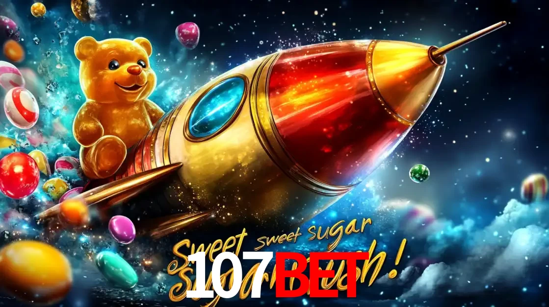 Arte promocional do jogo de slot Sugar Rush, com um urso de pelúcia em um foguete viajando pelo espaço de doces, um dos jogos divertidos disponíveis no cassino 107bet.