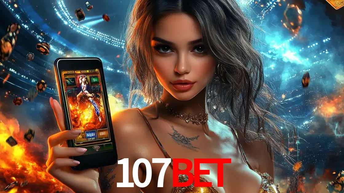 Mulher segurando um celular com um jogo de slot em destaque, tendo como fundo um estádio vibrante, simbolizando a emoção de jogar no cassino móvel 107bet.